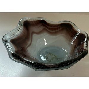 Glassware Bowl Handblown  Scalloped  Grey White Brown Mid Century Italian